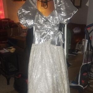 Silver and White Gown with Puff Sleeves